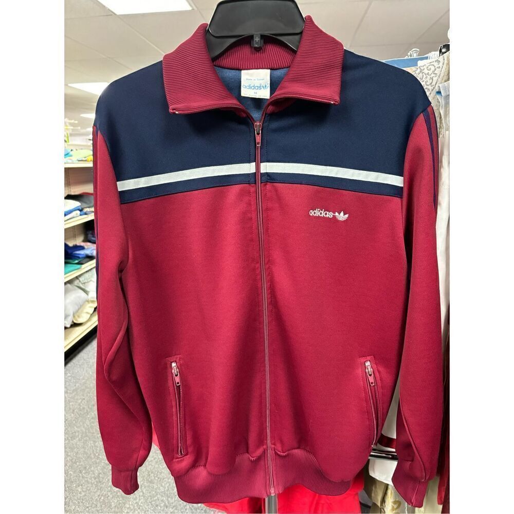 Vintage 80’s Adidas classical trefoil maroon and navy 3 stripe track jacket size